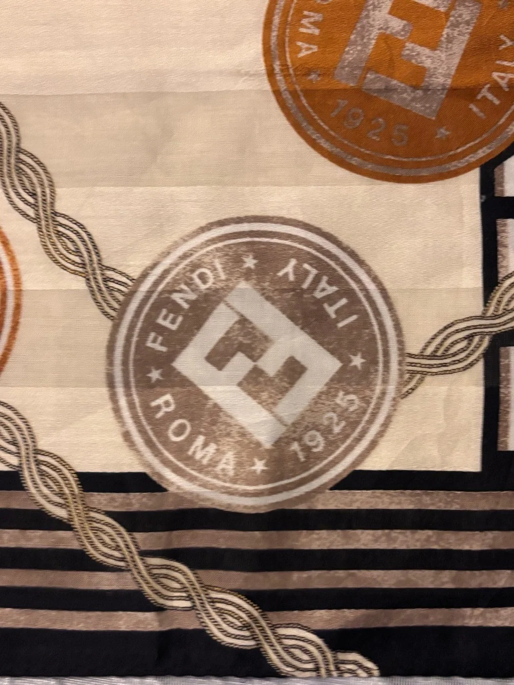 Fendi Cream, Brown & Tan Logo Medallion Cotton Scarf 22.5 x 22.5
